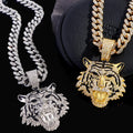 Head Pendant Necklace for Men Women, Iced Out Rhinestone Cuban Link Chain, Gold Color Animal Bling Jewelry