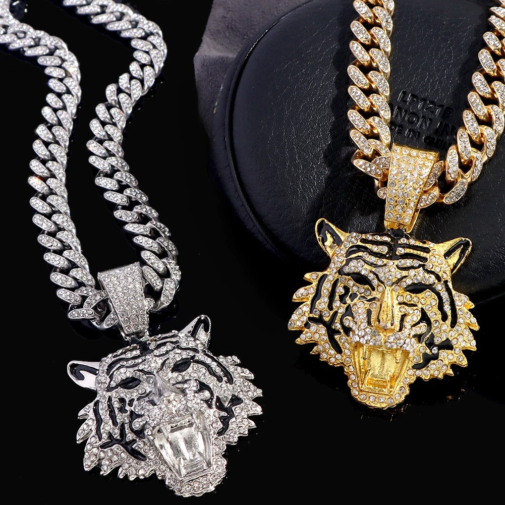 Head Pendant Necklace for Men Women, Iced Out Rhinestone Cuban Link Chain, Gold Color Animal Bling Jewelry