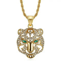 Punk Iced Out Green Eye Tiger Head Pendant Collar Chains Necklace