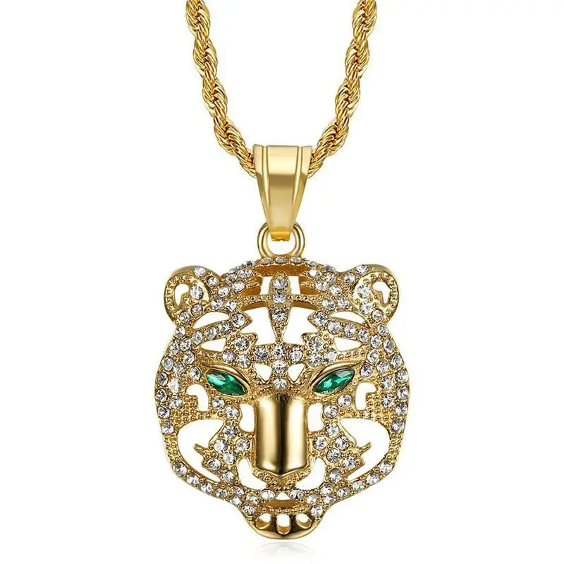 Punk Iced Out Green Eye Tiger Head Pendant Collar Chains Necklace